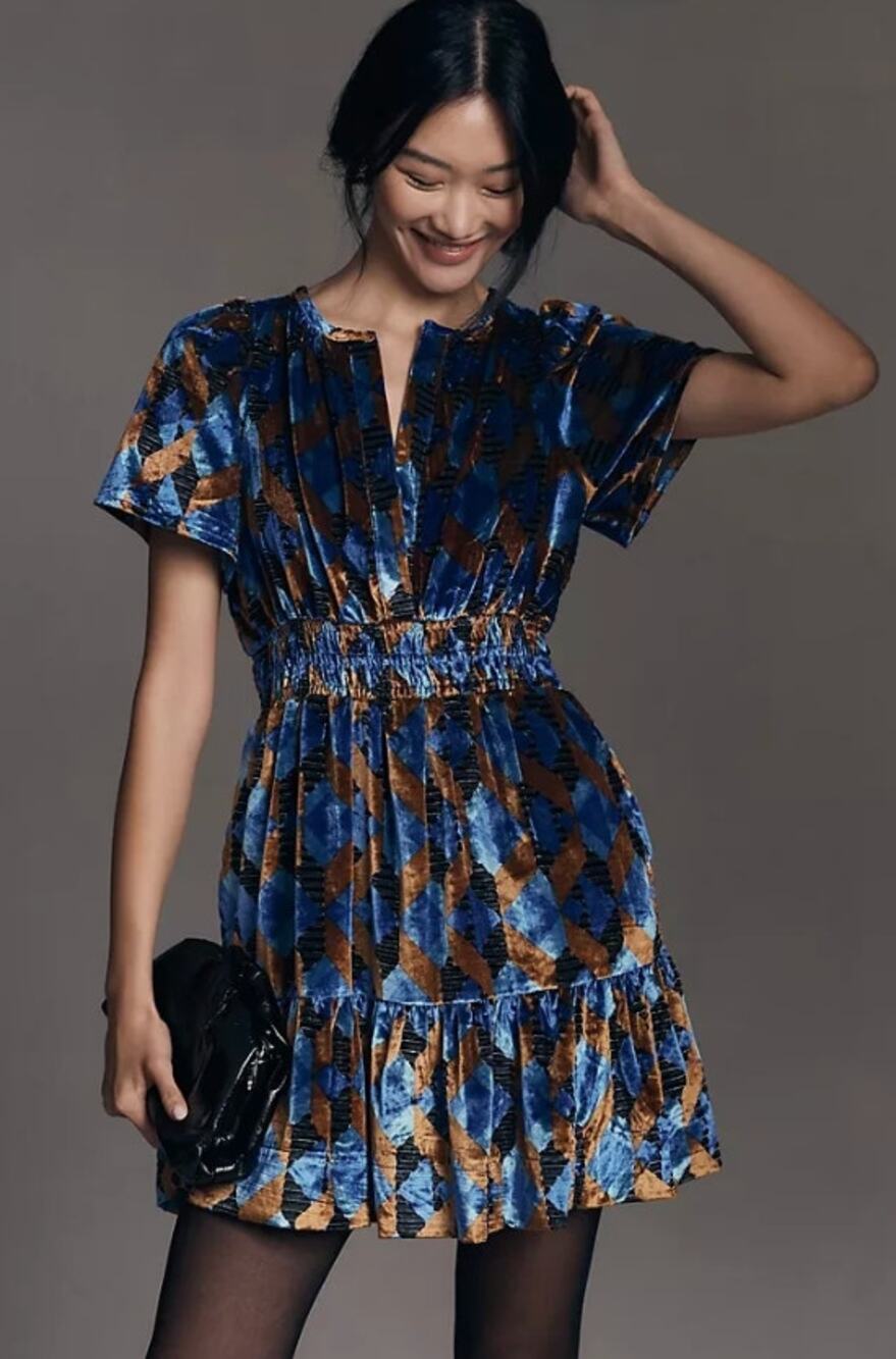 NEW By Anthropologie The Somerset Mini Dress: Velvet Edition Blue Motif Sz M NWT